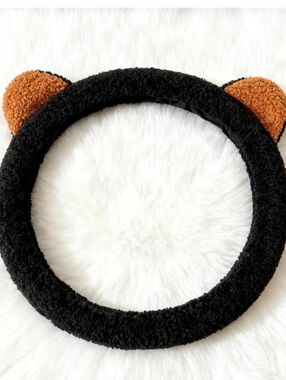 Black Plush Steering Wheel Cover with Bear Ear Accents